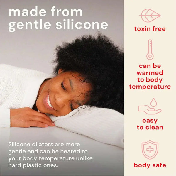woman resting with a smile highlighting gentle silicone vaginal dilators that are toxin-free, can be warmed to body temperature, easy to clean, and body safe