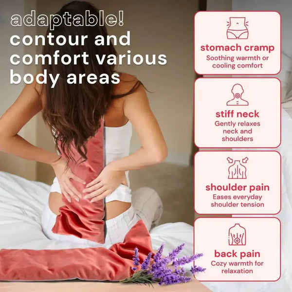 Heating pad for cramps with dual thermal design, adaptable to neck, shoulders, abdomen, and back pain relief.