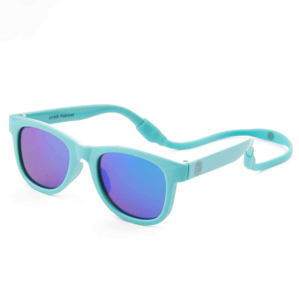 Sky blue polarized baby sunglasses with adjustable strap, UV400 protection, suitable for newborns, made of BPA-free materials.