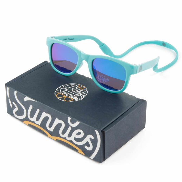 Sky blue polarized baby sunglasses with strap on box, UV400 protection for newborns.