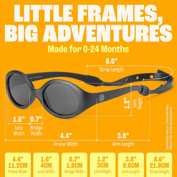Black Flexible Polarized Baby Sunglasses With Strap 0-24 Months - Oval dimensions including lens and strap sizes.
