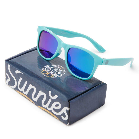 Sky blue polarized kids sunglasses for ages 3-8 on a box.