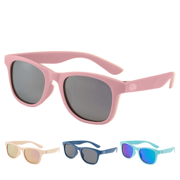 Pink polarized baby sunglasses with adjustable strap for infants 0-24 months.