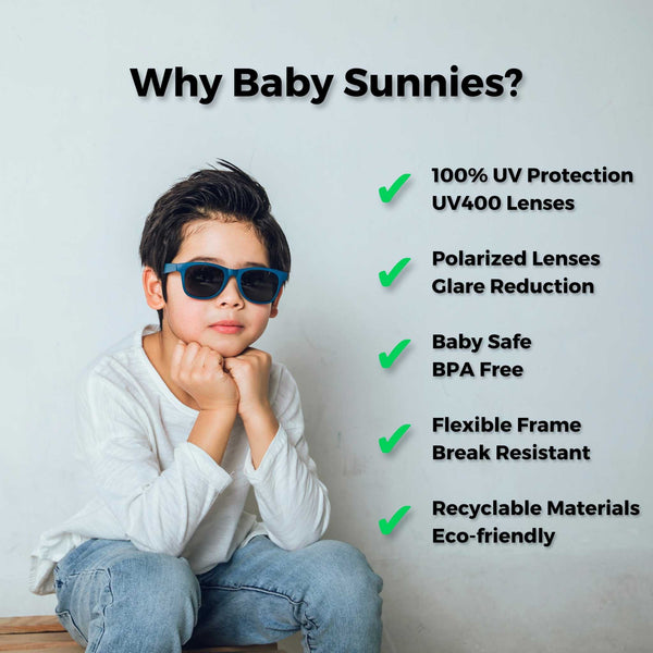 Navy blue polarized kids sunglasses for ages 3-8, featuring UV400 protection, flexible frame, and eco-friendly materials.