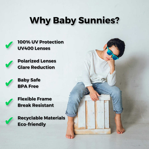 Sky blue flexible polarized kids sunglasses for ages 3-8, offering 100% UV protection with eco-friendly and shatterproof materials.