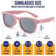 Pink polarized baby sunglasses with strap, UV400 protection, flexible frame, eco-friendly design.