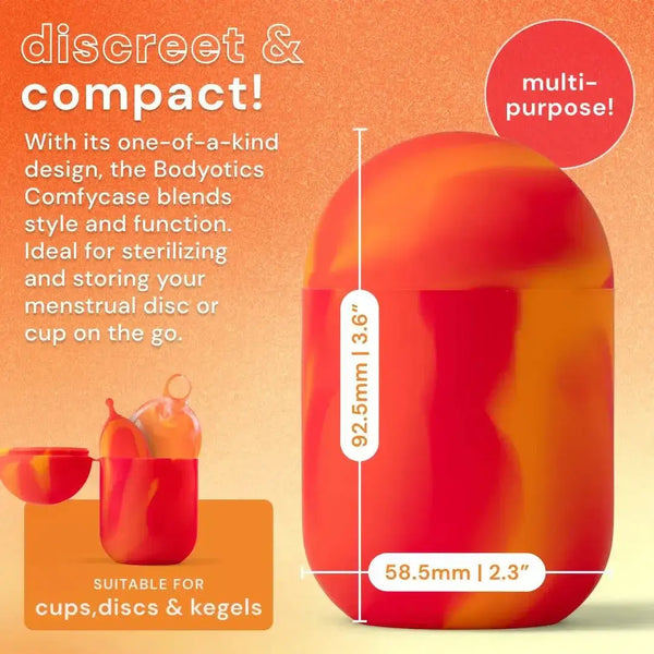 Compact Bodyotics Comfycase menstrual cup sterilizer in red and orange for discreet sterilizing and storage of menstrual cups, discs, and kegel exercisers.