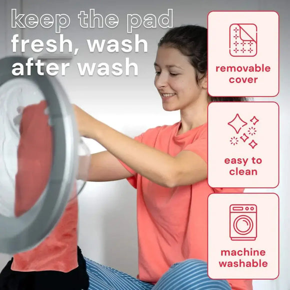 Woman washing removable, machine washable cover of Bodyotics Comfycuddle heating pad for cramps, emphasizing easy-to-clean care.