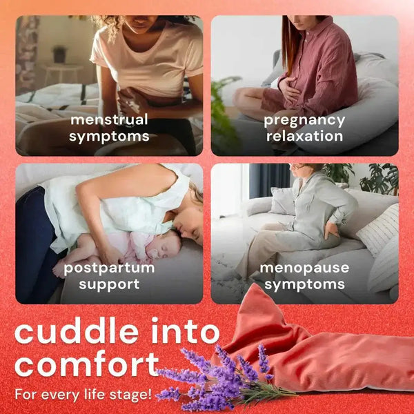 Heating pad for cramps and cooling comfort with flax and lavender filling, designed for menstrual, pregnancy, postpartum, and menopause relief.