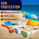 White polarized baby sunglasses with UV400 protection on a beach with toys, designed for kids aged 0-24 months.