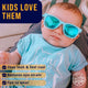 White polarized kids sunglasses, UV400 protection, BPA-free, shatterproof, adjustable strap for ages 3-8, eco-friendly.