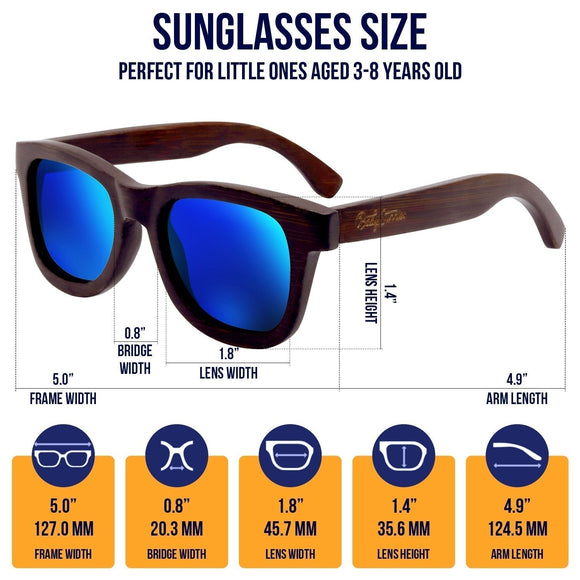 Bamboo polarized kids sunglasses, UV protection, ages 3-8, eco-friendly, vibrant colors.
