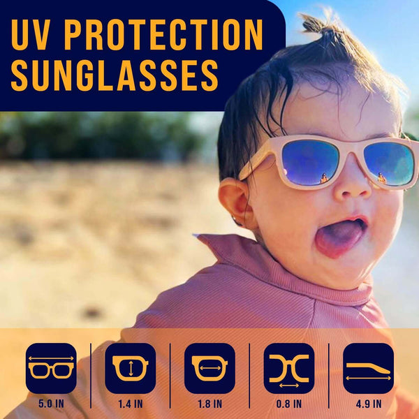 White polarized kids' sunglasses with UV protection for ages 3-8, featuring durable, eco-friendly design and adjustable strap.