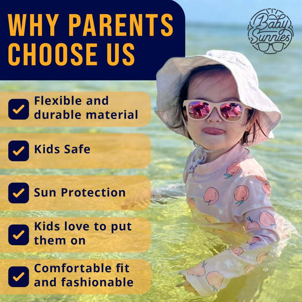 White polarized baby sunglasses for ages 3-8, offering UV400 protection, durable and eco-friendly material for kids' safety and comfort.